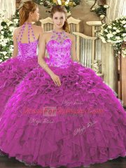 Inexpensive Fuchsia Sleeveless Organza Lace Up Quinceanera Gown for Military Ball and Sweet 16 and Quinceanera