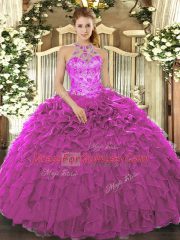 Inexpensive Fuchsia Sleeveless Organza Lace Up Quinceanera Gown for Military Ball and Sweet 16 and Quinceanera