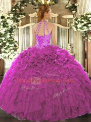 Inexpensive Fuchsia Sleeveless Organza Lace Up Quinceanera Gown for Military Ball and Sweet 16 and Quinceanera