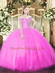 Free and Easy Fuchsia Tulle Lace Up Off The Shoulder Sleeveless Floor Length Quinceanera Dress Beading