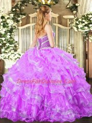 Designer Lavender Ball Gowns Organza Sweetheart Sleeveless Beading and Ruffled Layers Floor Length Lace Up Quinceanera Dresses