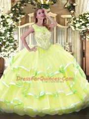 Glorious Floor Length Ball Gowns Sleeveless Yellow Green Ball Gown Prom Dress Lace Up