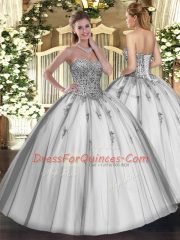 Grey Ball Gowns Beading and Appliques Sweet 16 Quinceanera Dress Lace Up Tulle Sleeveless Floor Length