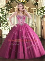 Fuchsia Tulle Lace Up Ball Gown Prom Dress Sleeveless Floor Length Beading