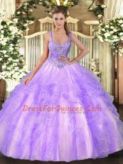 Lavender Ball Gowns Straps Sleeveless Tulle Floor Length Lace Up Beading and Ruffles Sweet 16 Dress