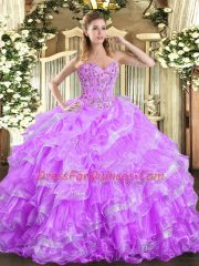 Fashionable Lilac Lace Up Sweet 16 Dress Embroidery and Ruffled Layers Sleeveless Floor Length
