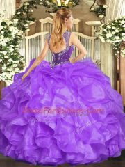 Fine Floor Length Aqua Blue Ball Gown Prom Dress Organza Sleeveless Beading and Ruffles