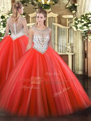 Delicate Coral Red Zipper Scoop Beading 15 Quinceanera Dress Tulle Sleeveless