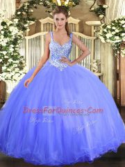New Arrival Blue Sleeveless Floor Length Beading Lace Up Quinceanera Dress
