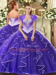 Attractive Purple Lace Up Sweetheart Beading Quinceanera Dress Tulle Cap Sleeves