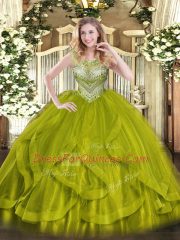 Modern Olive Green Sleeveless Tulle Lace Up Quinceanera Dresses for Sweet 16 and Quinceanera