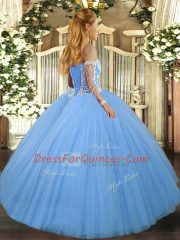 Floor Length Lace Up Quinceanera Dresses Blue for Military Ball and Sweet 16 and Quinceanera with Beading
