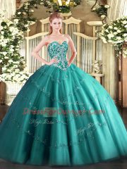 Teal Sleeveless Floor Length Beading and Appliques Lace Up Quinceanera Gowns
