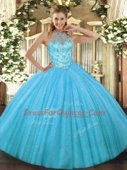On Sale Aqua Blue Halter Top Neckline Beading and Embroidery Quinceanera Gown Sleeveless Lace Up