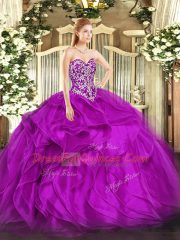Latest Sweetheart Sleeveless Lace Up Vestidos de Quinceanera Fuchsia Organza