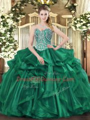 Fashionable Sleeveless Floor Length Beading and Ruffles Lace Up Ball Gown Prom Dress with Dark Green