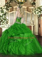 Decent Olive Green Ball Gowns Sweetheart Sleeveless Organza Floor Length Lace Up Beading and Ruffles Sweet 16 Dresses