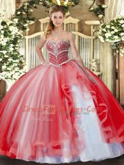 Glorious Sweetheart Sleeveless Tulle Quinceanera Gowns Beading and Ruffles Lace Up