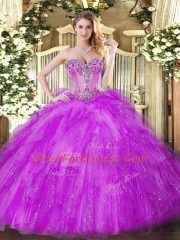 Spectacular Fuchsia Sweetheart Lace Up Beading and Ruffles Quinceanera Dress Sleeveless