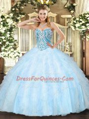 Light Blue Ball Gowns Tulle Sweetheart Sleeveless Beading and Ruffles Floor Length Lace Up Sweet 16 Dress