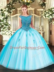 Aqua Blue Ball Gowns Beading and Appliques 15 Quinceanera Dress Zipper Tulle Cap Sleeves Floor Length