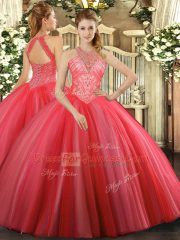 Charming Coral Red High-neck Lace Up Beading Quinceanera Dresses Sleeveless