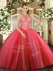 Charming Coral Red High-neck Lace Up Beading Quinceanera Dresses Sleeveless