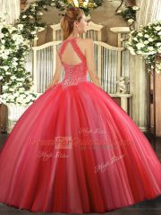Charming Coral Red High-neck Lace Up Beading Quinceanera Dresses Sleeveless