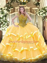 Gold Cap Sleeves Organza Zipper Quinceanera Dress for Sweet 16 and Quinceanera
