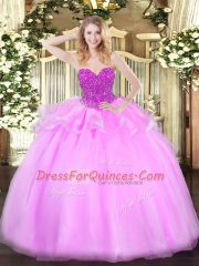 Modest Floor Length Lace Up 15th Birthday Dress Baby Pink for Military Ball and Sweet 16 and Quinceanera with Beading