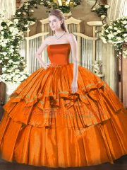 Strapless Sleeveless Zipper Quinceanera Gowns Orange Red Organza