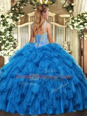 Fancy Purple Ball Gowns Organza Straps Sleeveless Beading and Ruffles Floor Length Lace Up Quince Ball Gowns