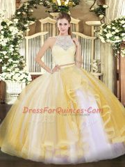 Floor Length Gold 15th Birthday Dress Tulle Sleeveless Lace and Ruffles
