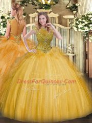 Elegant Scoop Sleeveless Zipper 15th Birthday Dress Gold Tulle