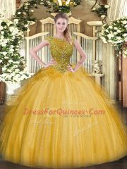 Elegant Scoop Sleeveless Zipper 15th Birthday Dress Gold Tulle