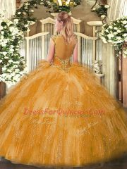 Elegant Scoop Sleeveless Zipper 15th Birthday Dress Gold Tulle