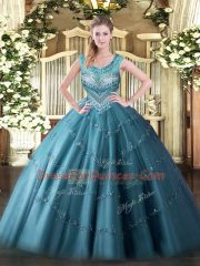 Tulle Sleeveless Floor Length 15th Birthday Dress and Beading and Appliques