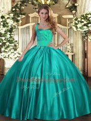 Shining Turquoise Satin Lace Up Halter Top Sleeveless Floor Length Sweet 16 Dress Ruching