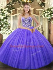 Ideal Purple Lace Up Sweetheart Beading Quinceanera Gown Tulle Sleeveless