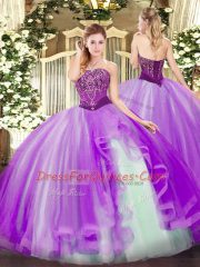 Elegant Strapless Sleeveless Lace Up Sweet 16 Dress Lavender Tulle