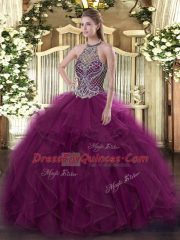Halter Top Sleeveless Lace Up Ball Gown Prom Dress Fuchsia Organza
