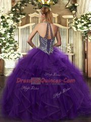 Halter Top Sleeveless Lace Up Ball Gown Prom Dress Fuchsia Organza