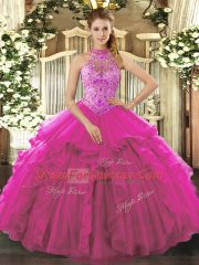 Fuchsia Sleeveless Organza Lace Up Sweet 16 Quinceanera Dress for Sweet 16 and Quinceanera