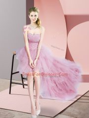 Sexy Baby Pink A-line Sweetheart Sleeveless Tulle High Low Lace Up Beading Dress for Prom