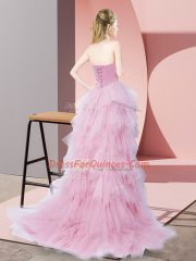 Sexy Baby Pink A-line Sweetheart Sleeveless Tulle High Low Lace Up Beading Dress for Prom