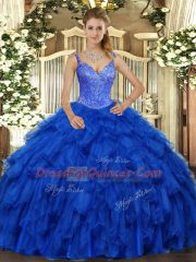Spectacular V-neck Sleeveless Organza Sweet 16 Dresses Beading and Ruffles Lace Up