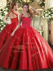 Red Quince Ball Gowns Military Ball and Sweet 16 and Quinceanera with Appliques Halter Top Sleeveless Lace Up