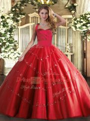 Red Quince Ball Gowns Military Ball and Sweet 16 and Quinceanera with Appliques Halter Top Sleeveless Lace Up