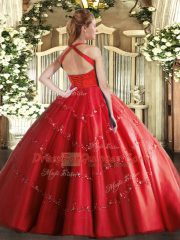 Red Quince Ball Gowns Military Ball and Sweet 16 and Quinceanera with Appliques Halter Top Sleeveless Lace Up