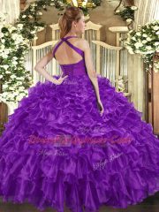 Enchanting Halter Top Sleeveless Lace Up Quinceanera Gowns Blue Organza